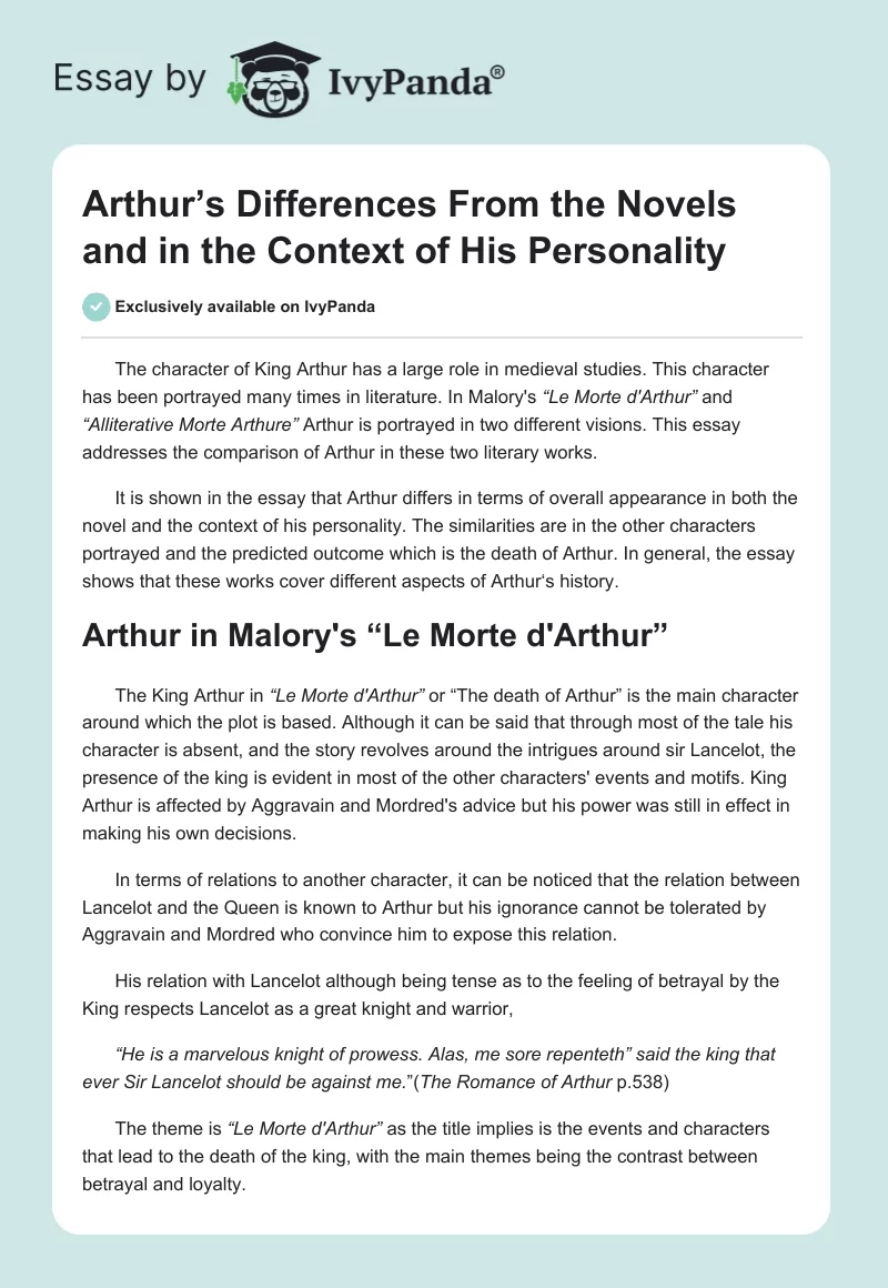 Arthur’s Differences From the Novels and in the Context of His Personality. Page 1