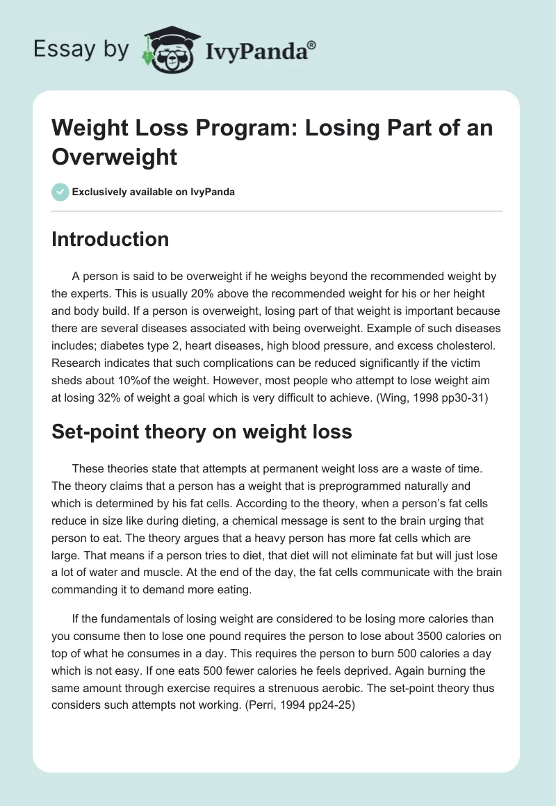 Weight Loss Program: Losing Part of an Overweight. Page 1