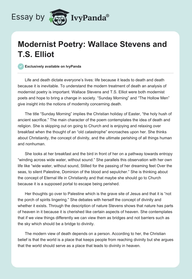 Modernist Poetry: Wallace Stevens and T.S. Elliot. Page 1