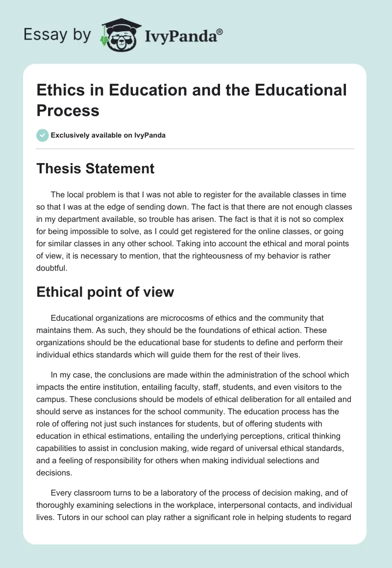 Ethics in Education and the Educational Process. Page 1