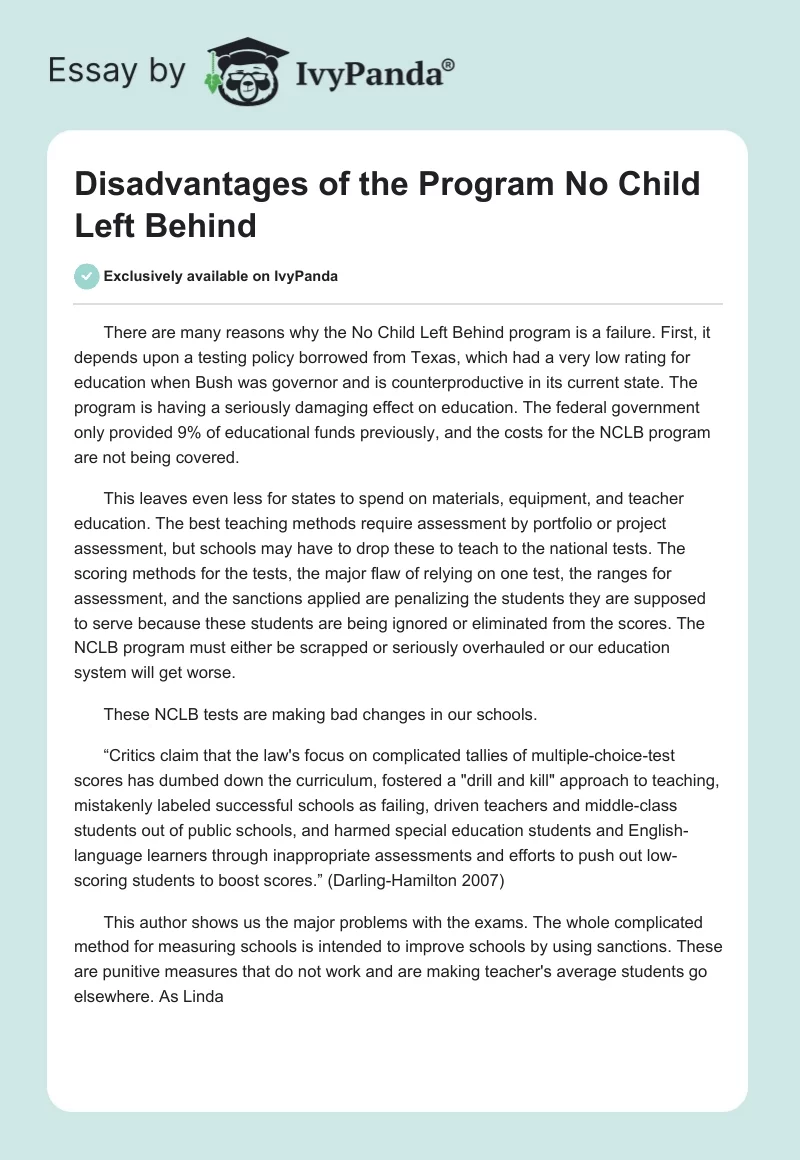Disadvantages of the Program "No Child Left Behind". Page 1