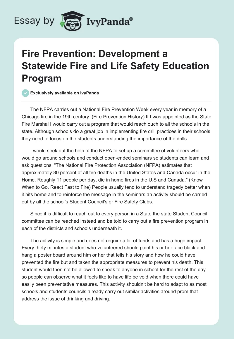 Fire Prevention: "Development a Statewide Fire and Life Safety Education Program". Page 1