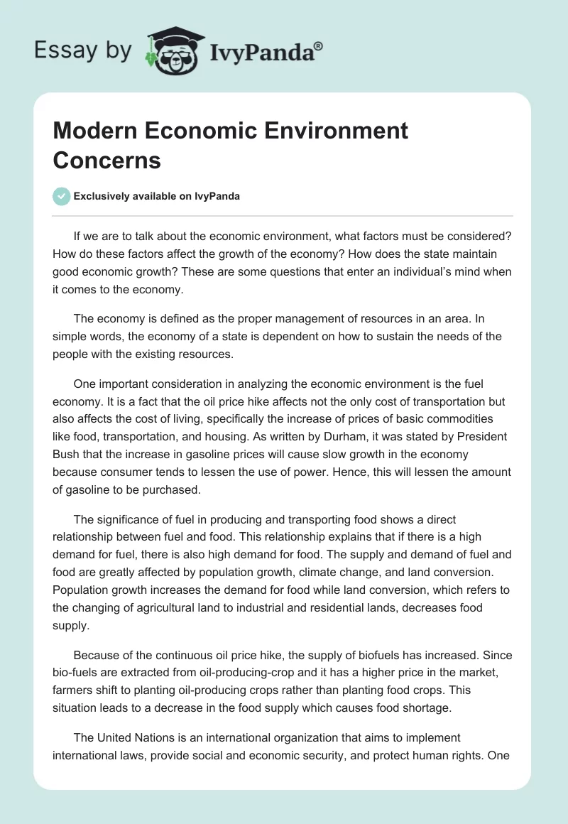Modern Economic Environment Concerns. Page 1
