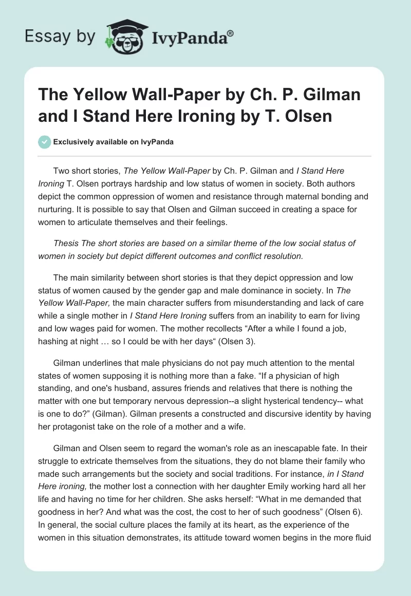 "The Yellow Wall-Paper" by Ch. P. Gilman and "I Stand Here Ironing" by T. Olsen. Page 1