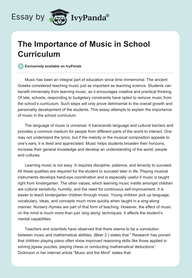 The Importance of Music in School Curriculum - 1167 Words | Essay Example