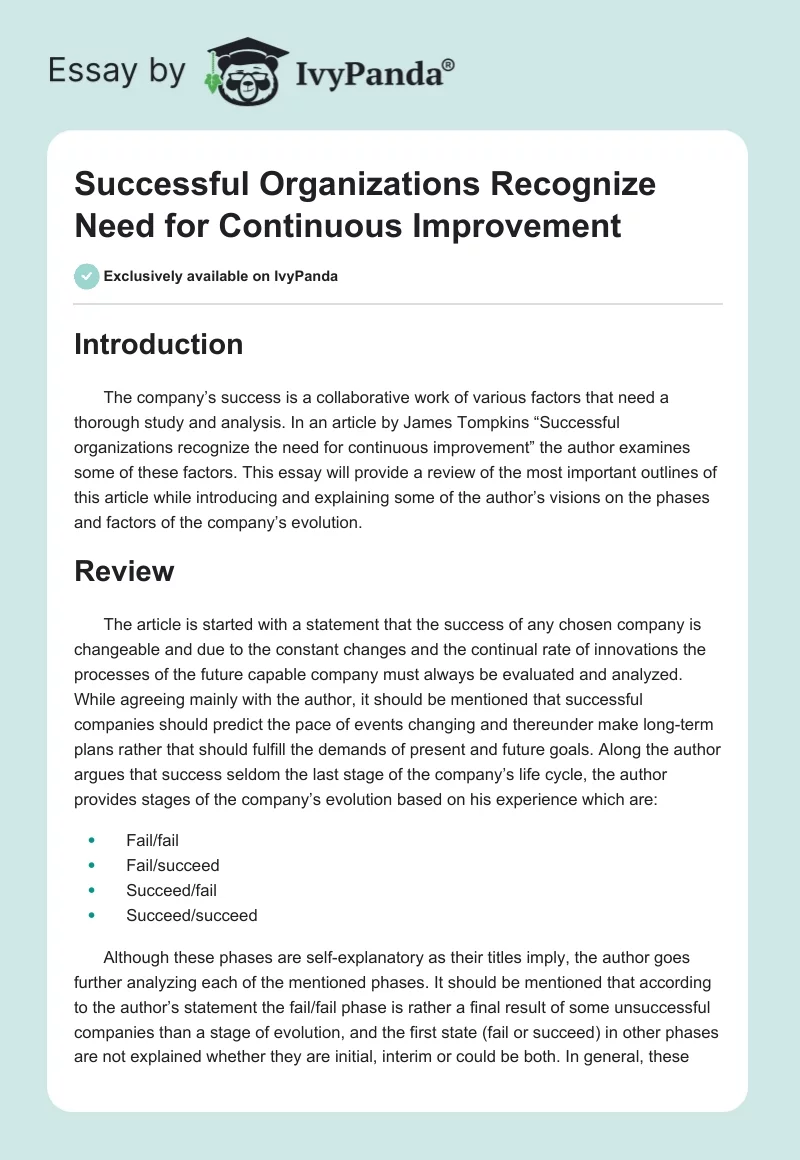 Successful Organizations Recognize Need for Continuous Improvement. Page 1