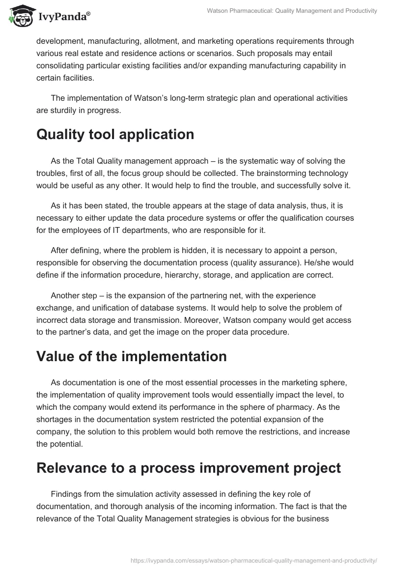 Watson Pharmaceutical: Quality Management and Productivity. Page 3