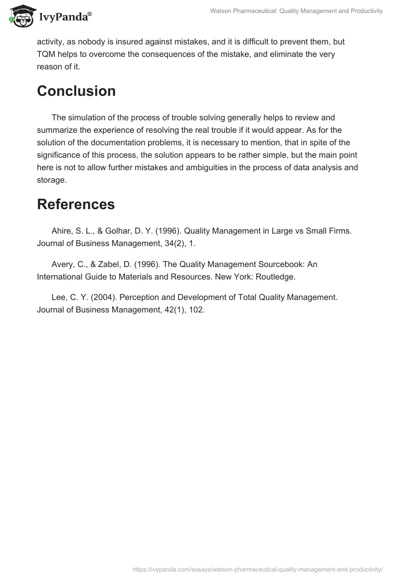 Watson Pharmaceutical: Quality Management and Productivity. Page 4
