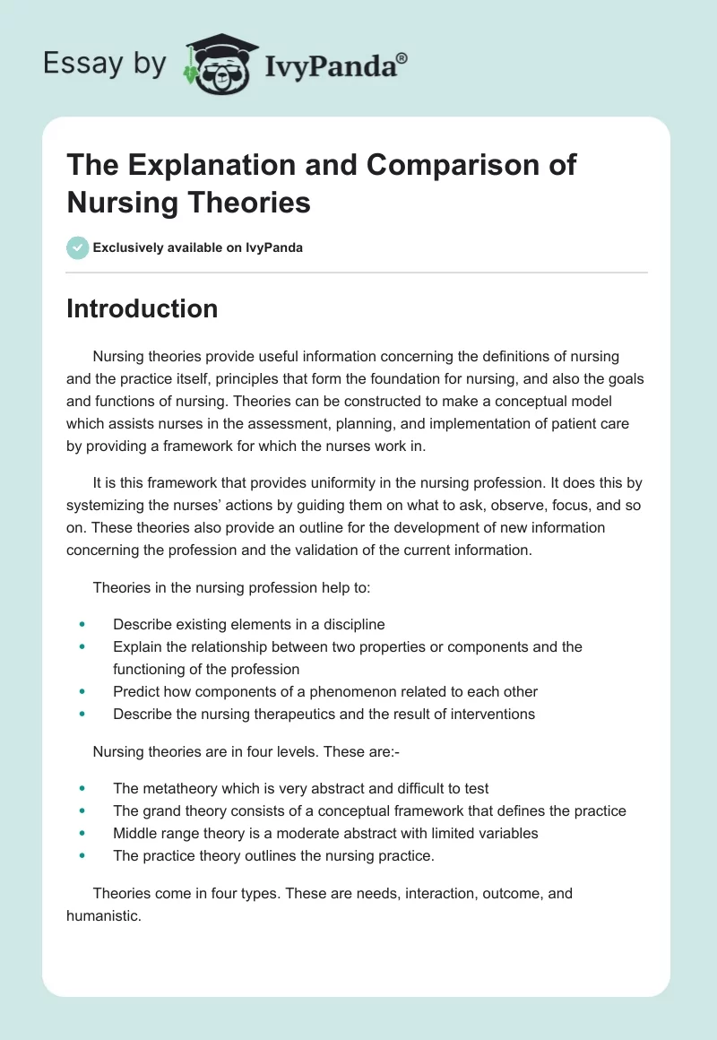 The Explanation and Comparison of Nursing Theories. Page 1
