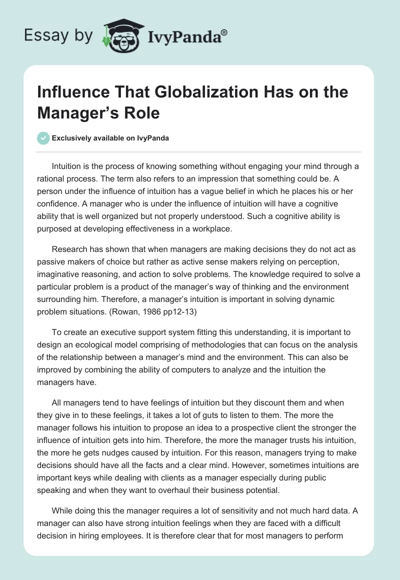 Influence That Globalization Has on the Manager’s Role. Page 1