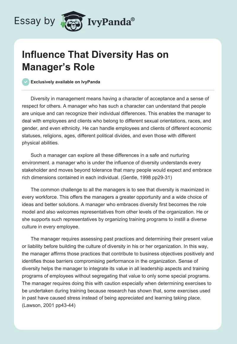 Influence That Diversity Has on Manager’s Role. Page 1