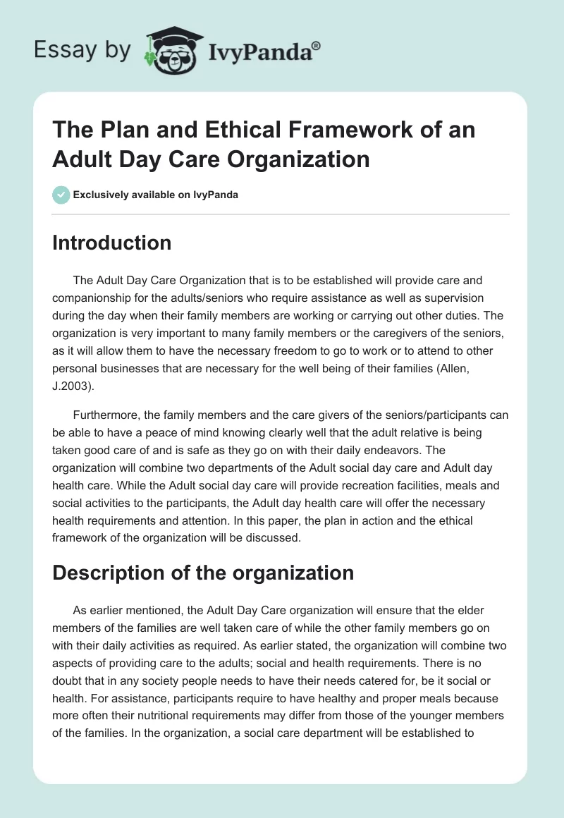 The Plan and Ethical Framework of an Adult Day Care Organization. Page 1