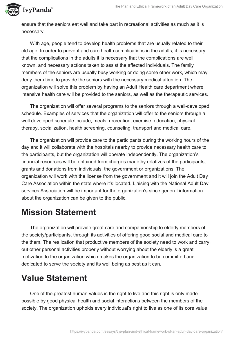 The Plan and Ethical Framework of an Adult Day Care Organization. Page 2