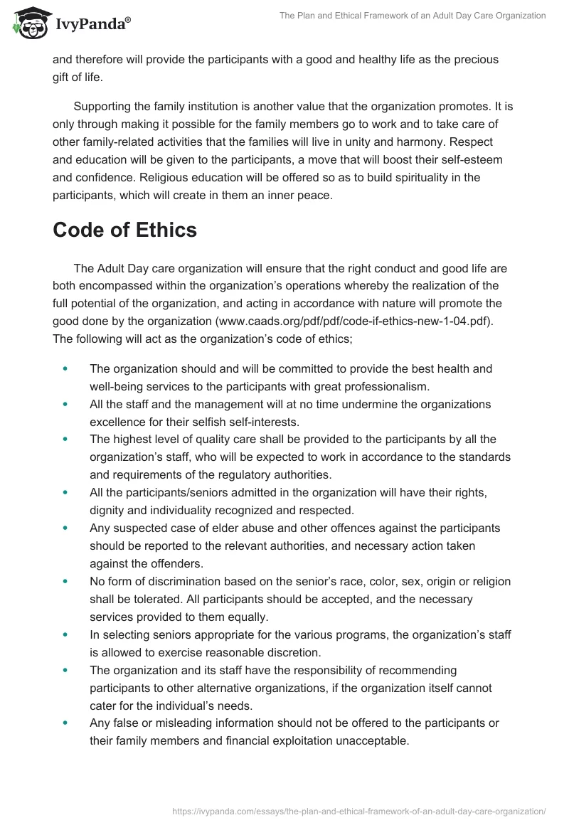 The Plan and Ethical Framework of an Adult Day Care Organization. Page 3