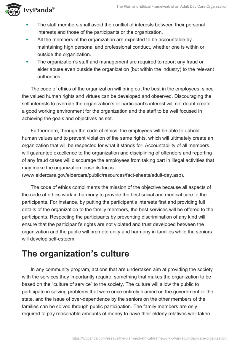 The Plan and Ethical Framework of an Adult Day Care Organization. Page 4