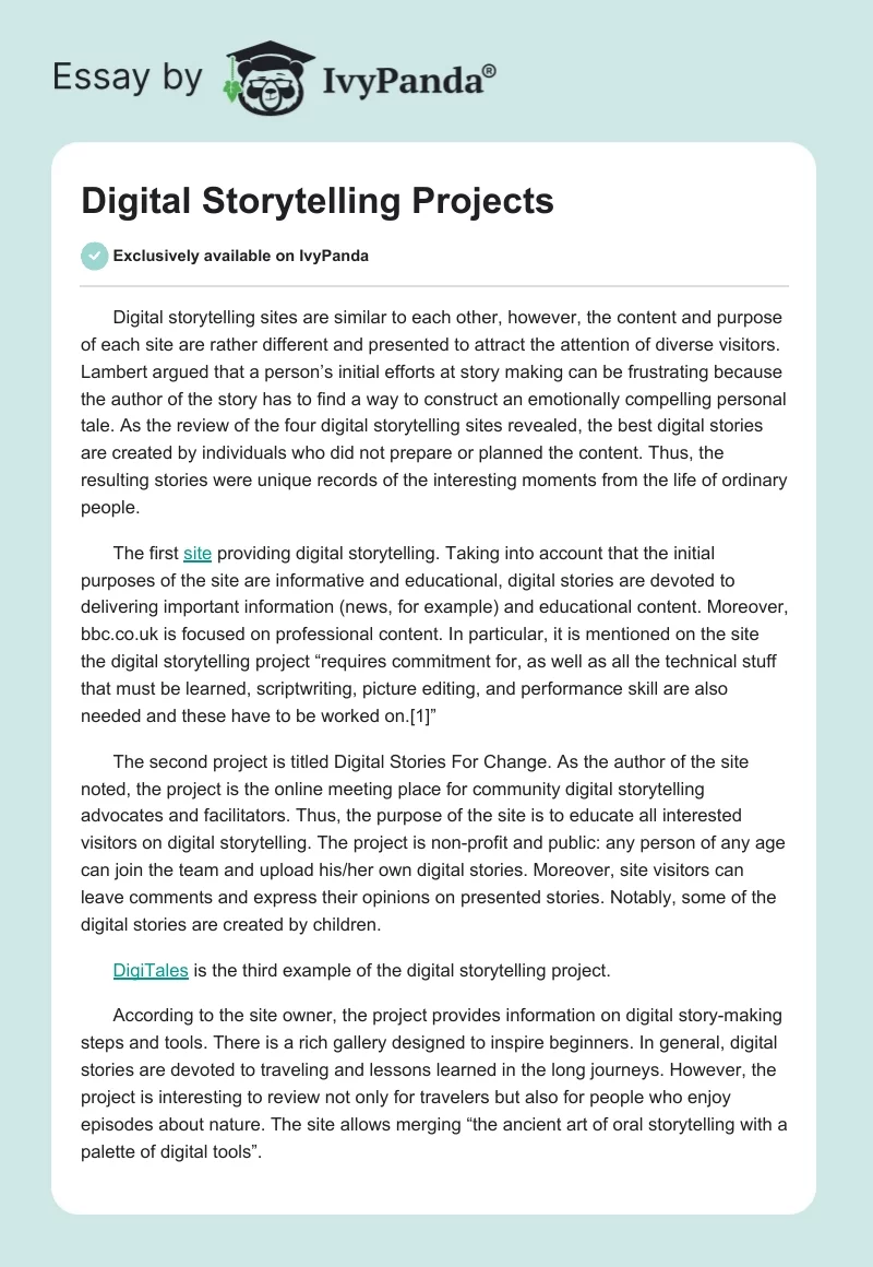 Digital Storytelling Projects. Page 1