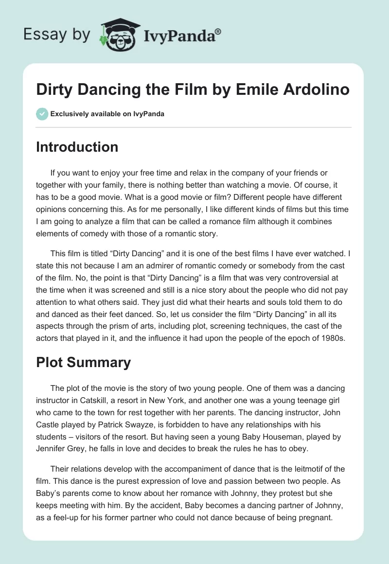 "Dirty Dancing" the Film by Emile Ardolino. Page 1