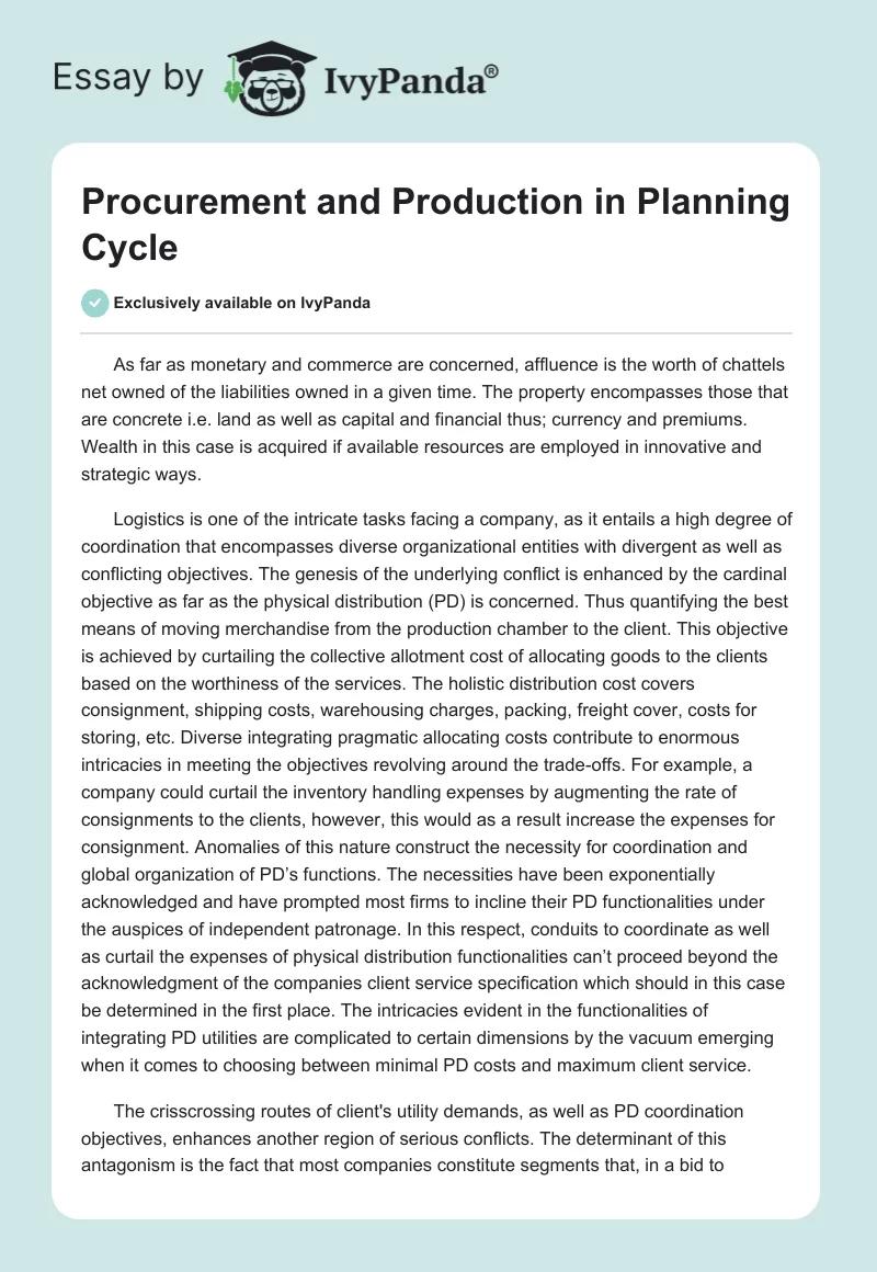 Procurement and Production in Planning Cycle. Page 1