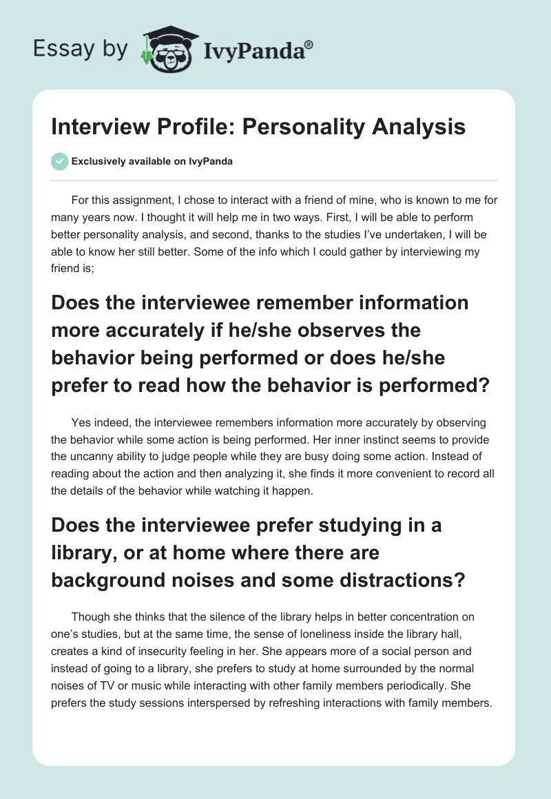 Interview Profile: "Personality Analysis". Page 1