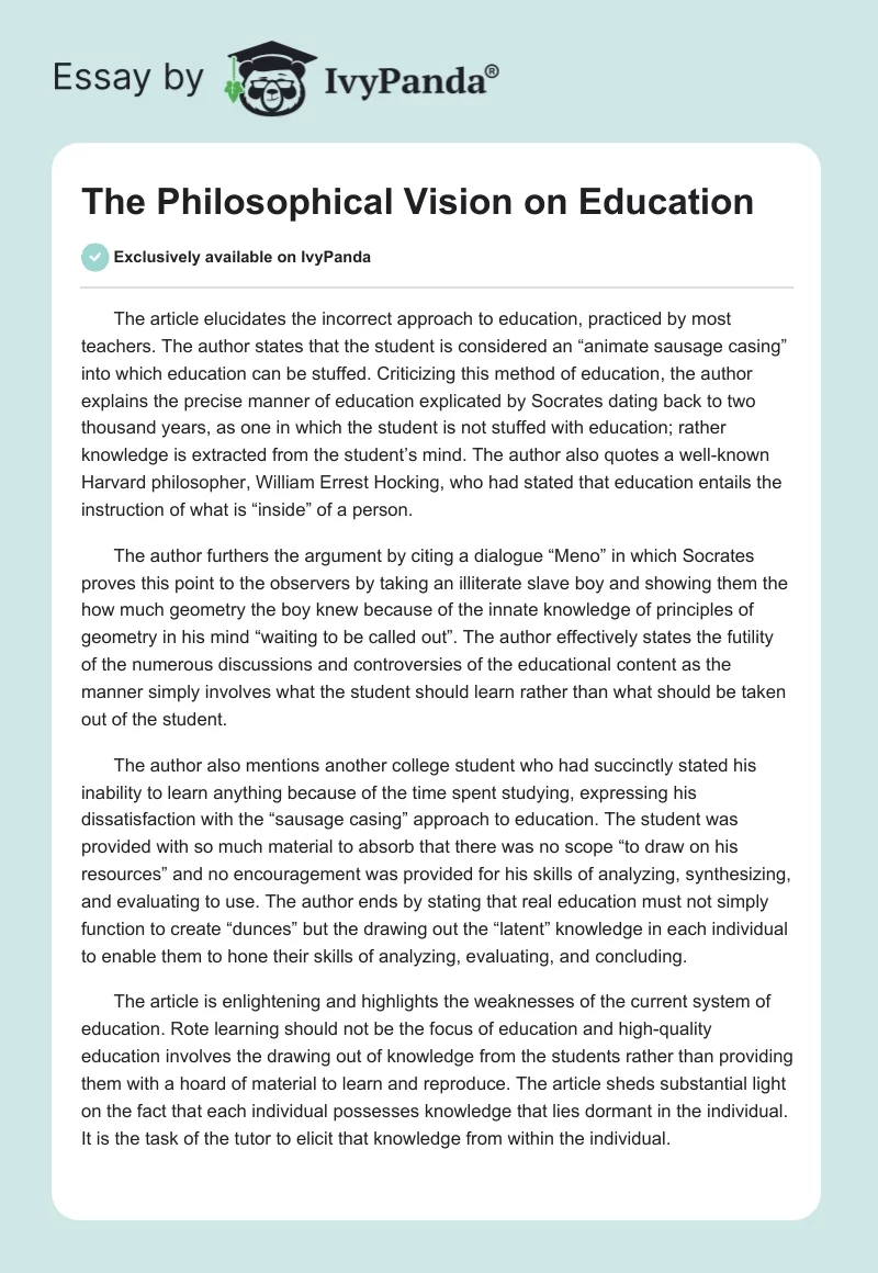The Philosophical Vision on Education. Page 1