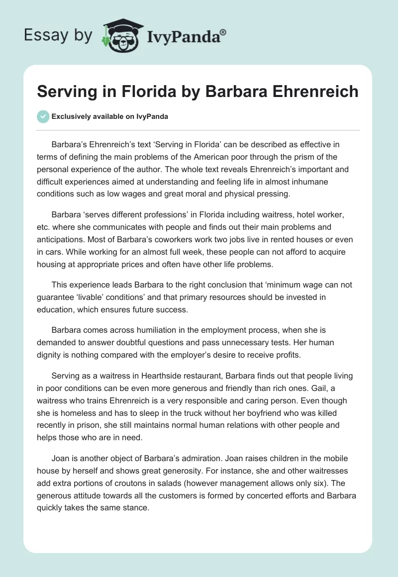 "Serving in Florida" by Barbara Ehrenreich. Page 1