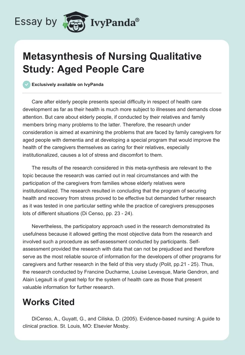 Metasynthesis of Nursing Qualitative Study: Aged People Care. Page 1