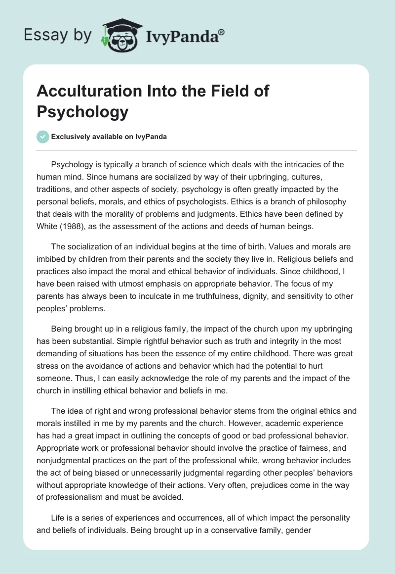 Acculturation Into the Field of Psychology. Page 1
