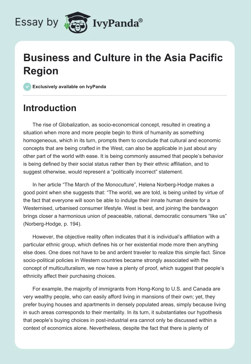 Business and Culture in the Asia Pacific Region. Page 1