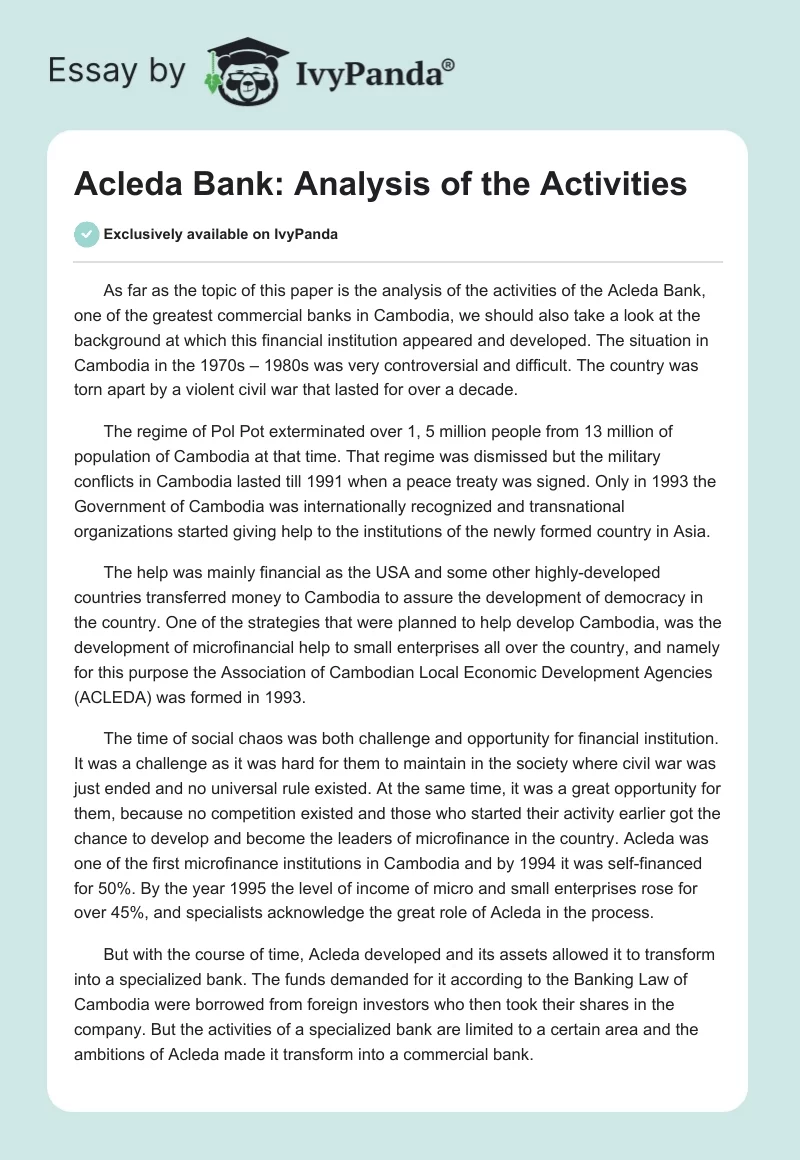 Acleda Bank: Analysis of the Activities. Page 1