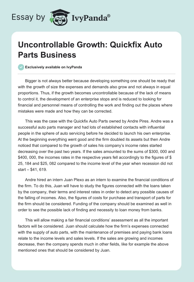 Uncontrollable Growth: Quickfix Auto Parts Business. Page 1