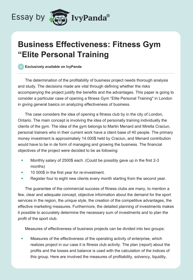 Business Effectiveness: Fitness Gym “Elite Personal Training". Page 1