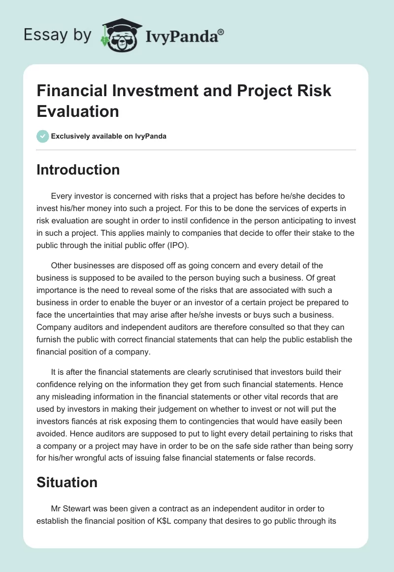 Financial Investment and Project Risk Evaluation. Page 1