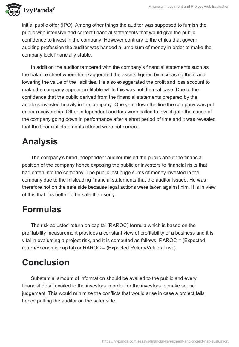 Financial Investment and Project Risk Evaluation. Page 2