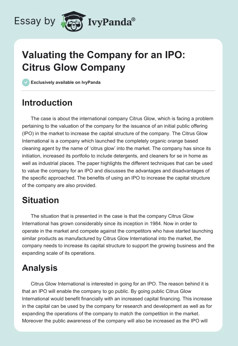 Valuating the Company for an IPO: Citrus Glow Company. Page 1