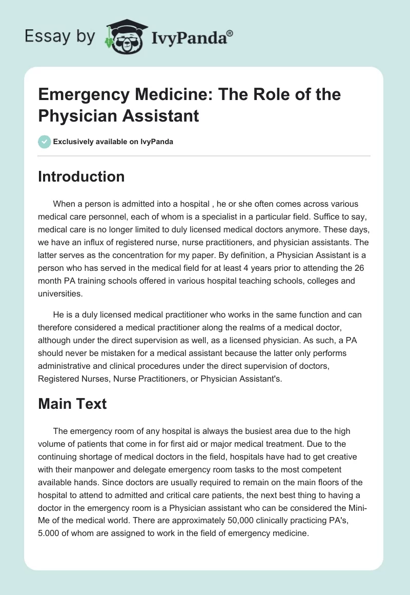 Emergency Medicine: The Role of the Physician Assistant. Page 1