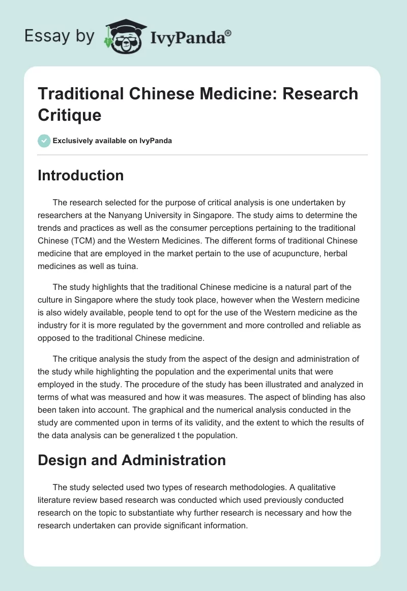 Traditional Chinese Medicine: Research Critique. Page 1