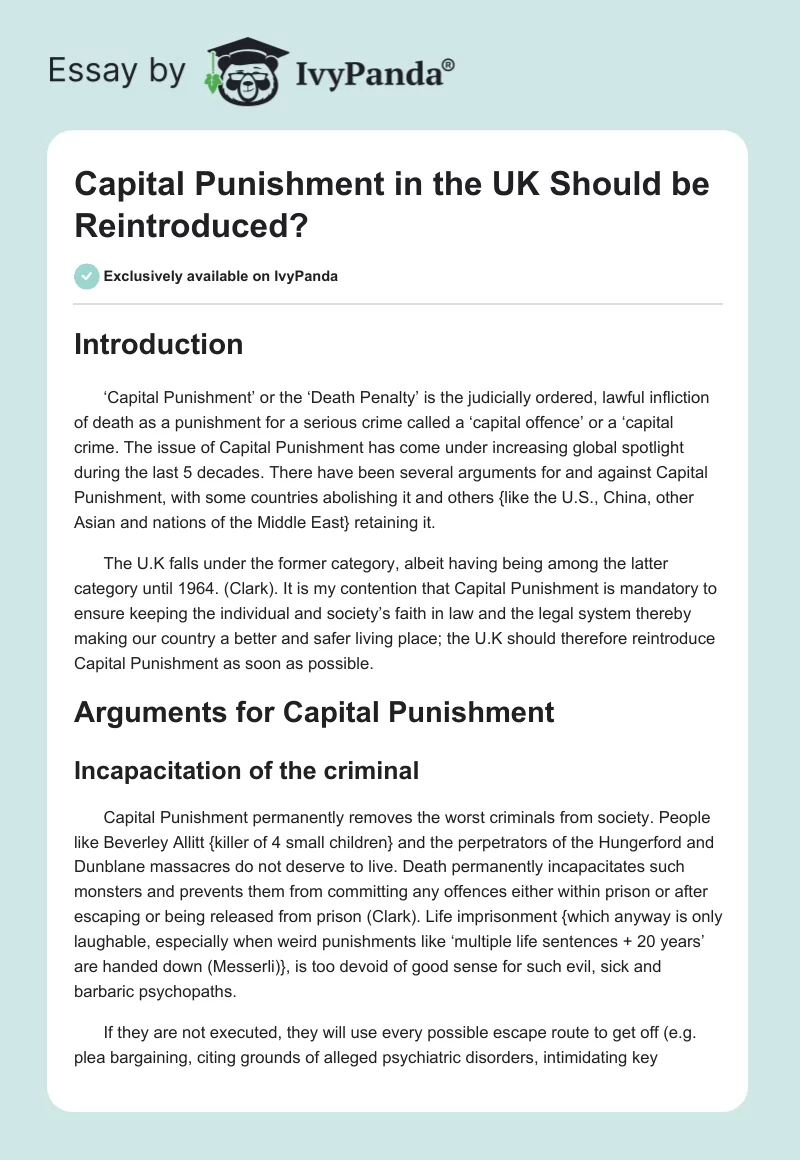 Capital Punishment in the UK Should be Reintroduced?. Page 1