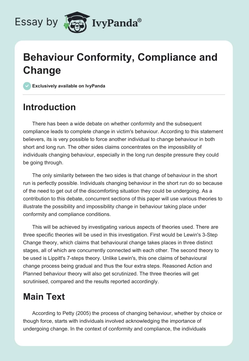 Behaviour Conformity, Compliance and Change. Page 1