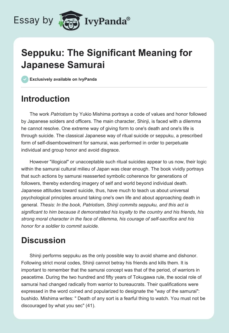 Seppuku: The Significant Meaning for Japanese Samurai. Page 1