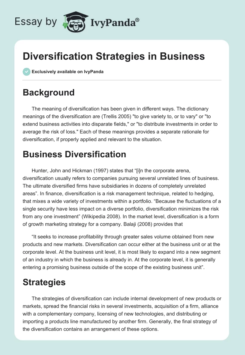 Diversification Strategies in Business. Page 1