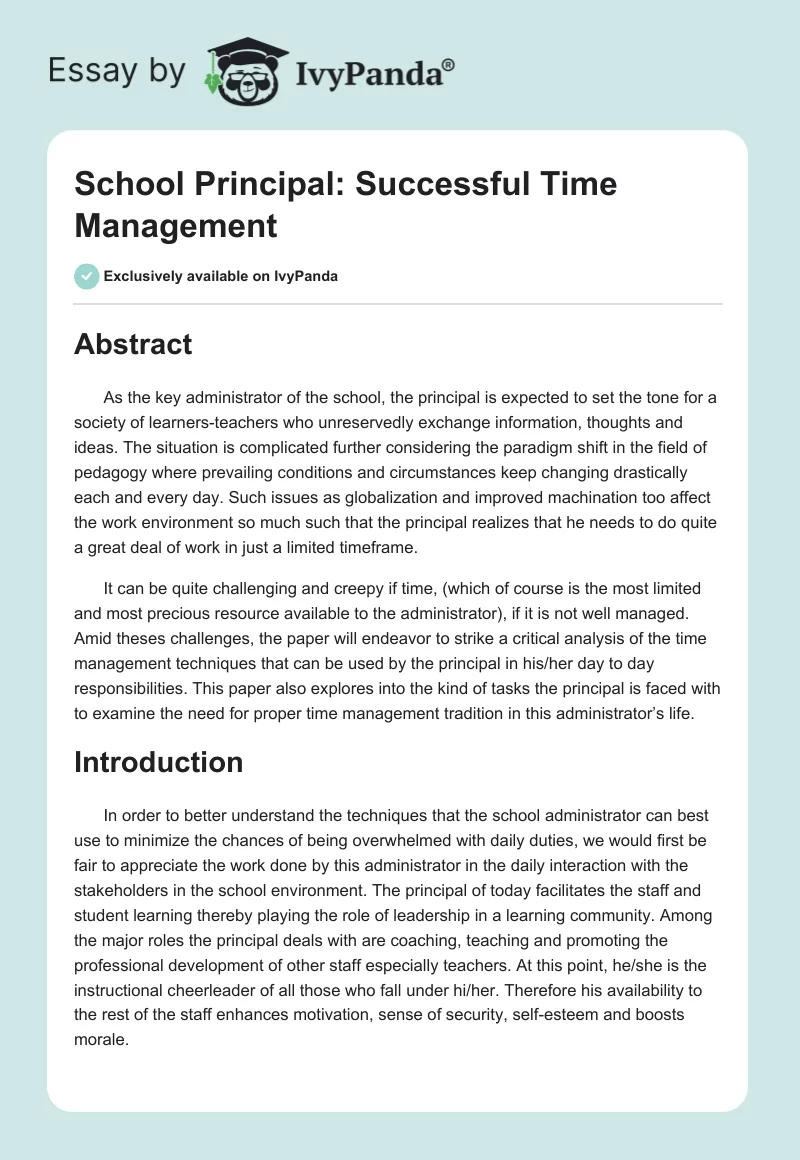 School Principal: Successful Time Management. Page 1