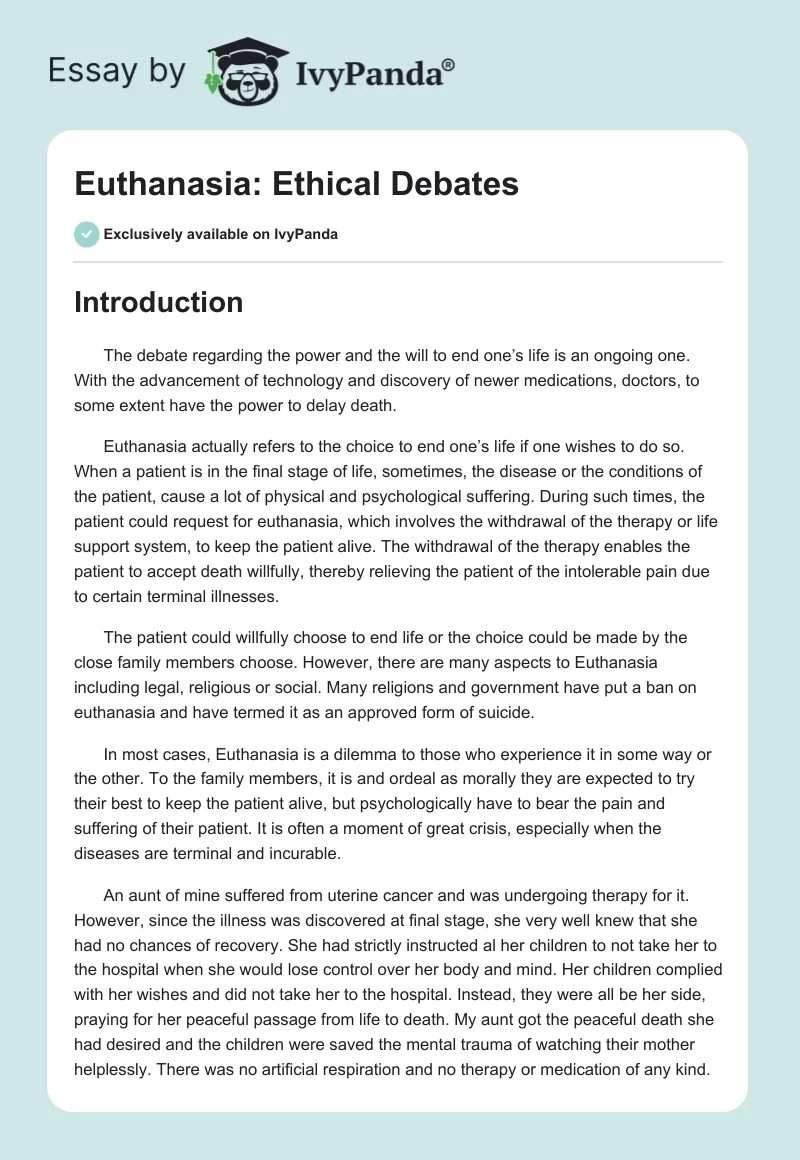 Euthanasia: Ethical Debates. Page 1