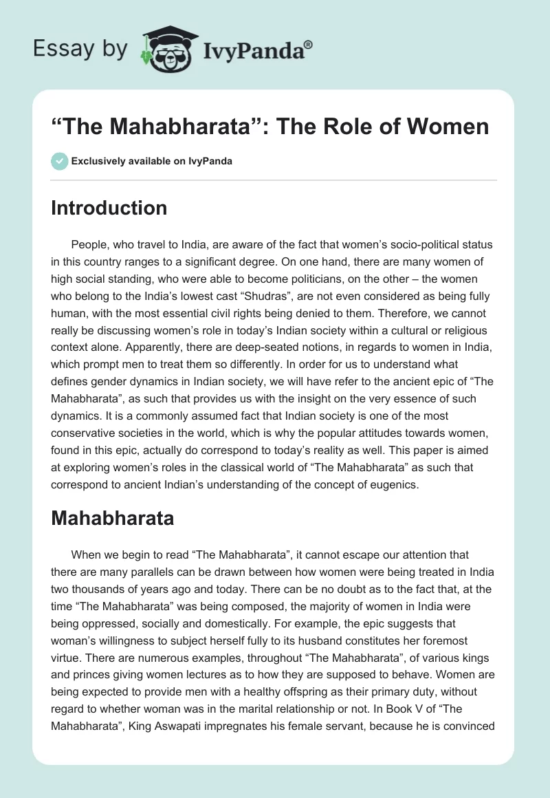“The Mahabharata”: The Role of Women. Page 1