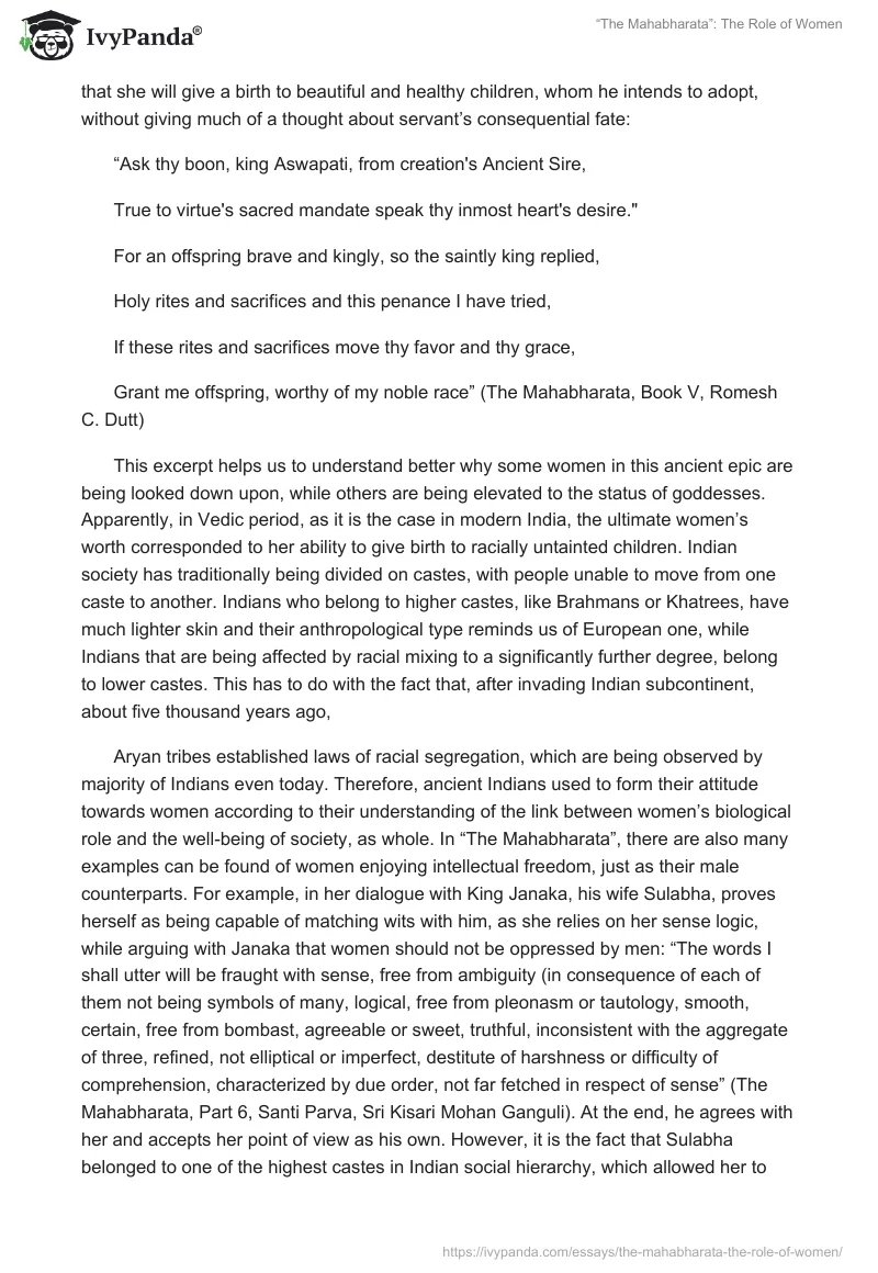 “The Mahabharata”: The Role of Women. Page 2