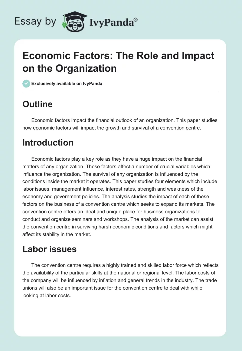 Economic Factors: The Role and Impact on the Organization. Page 1