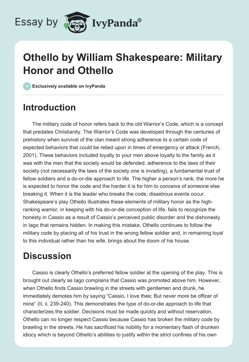 "Othello" by William Shakespeare: Military Honor and Othello. Page 1