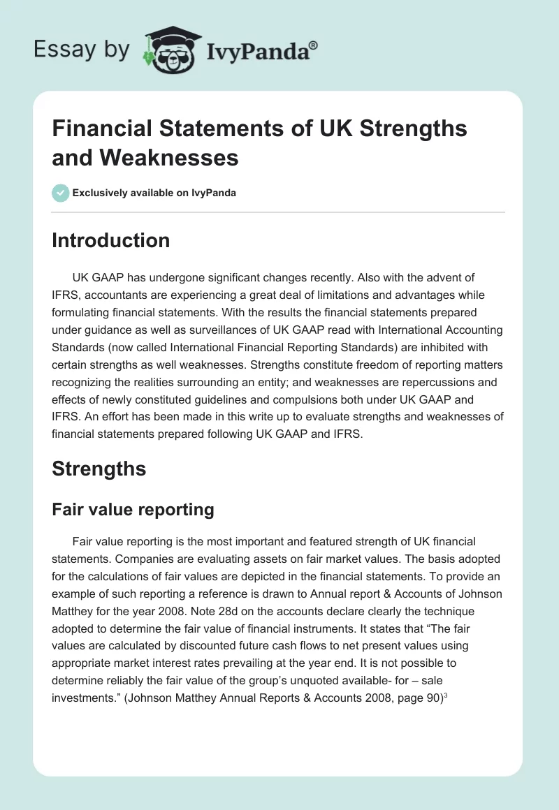 Financial Statements of UK Strengths and Weaknesses. Page 1