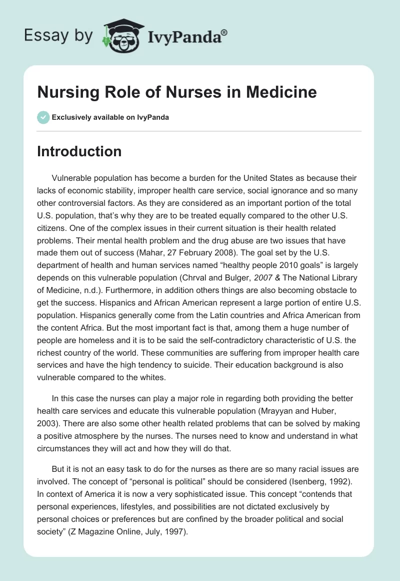 Nursing Role of Nurses in Medicine. Page 1