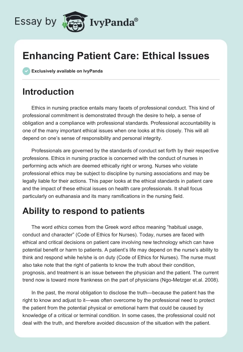 Enhancing Patient Care: Ethical Issues. Page 1