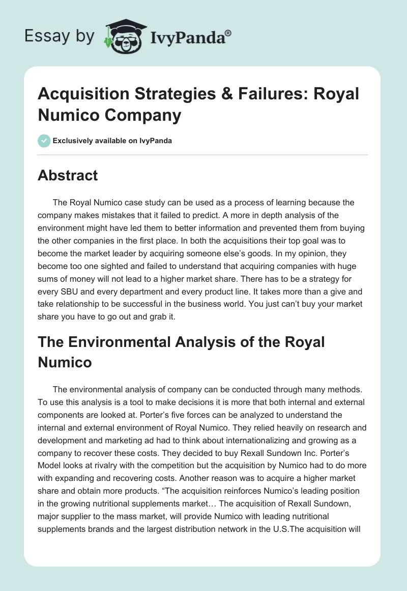 Acquisition Strategies & Failures: Royal Numico Company. Page 1